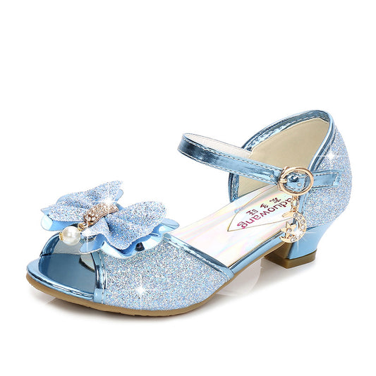 Children Fashion Sequins Princess Sandals Kids Girls Wedding Bowtie High Heels Dress Shoes Girls Birthday Party Dancing  Shoes