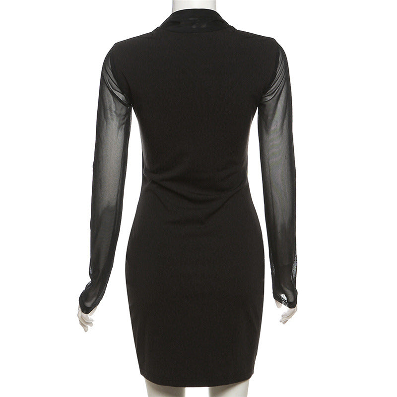 YUZHEXI Low V Halter Bodycon Black Party Dress Women Cold Shoulder Mesh Long Sleeve Elegant Short Robe