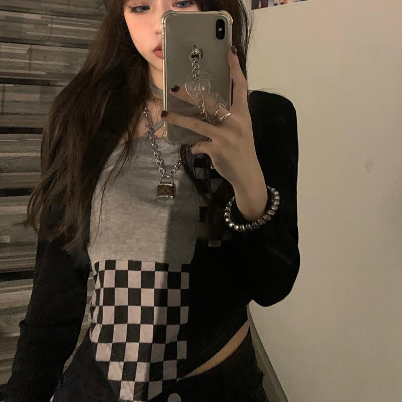 Checkered neck hanging small suspender vest for women in large size, fat and spicy girl trend, irregular short sweet and spicy top