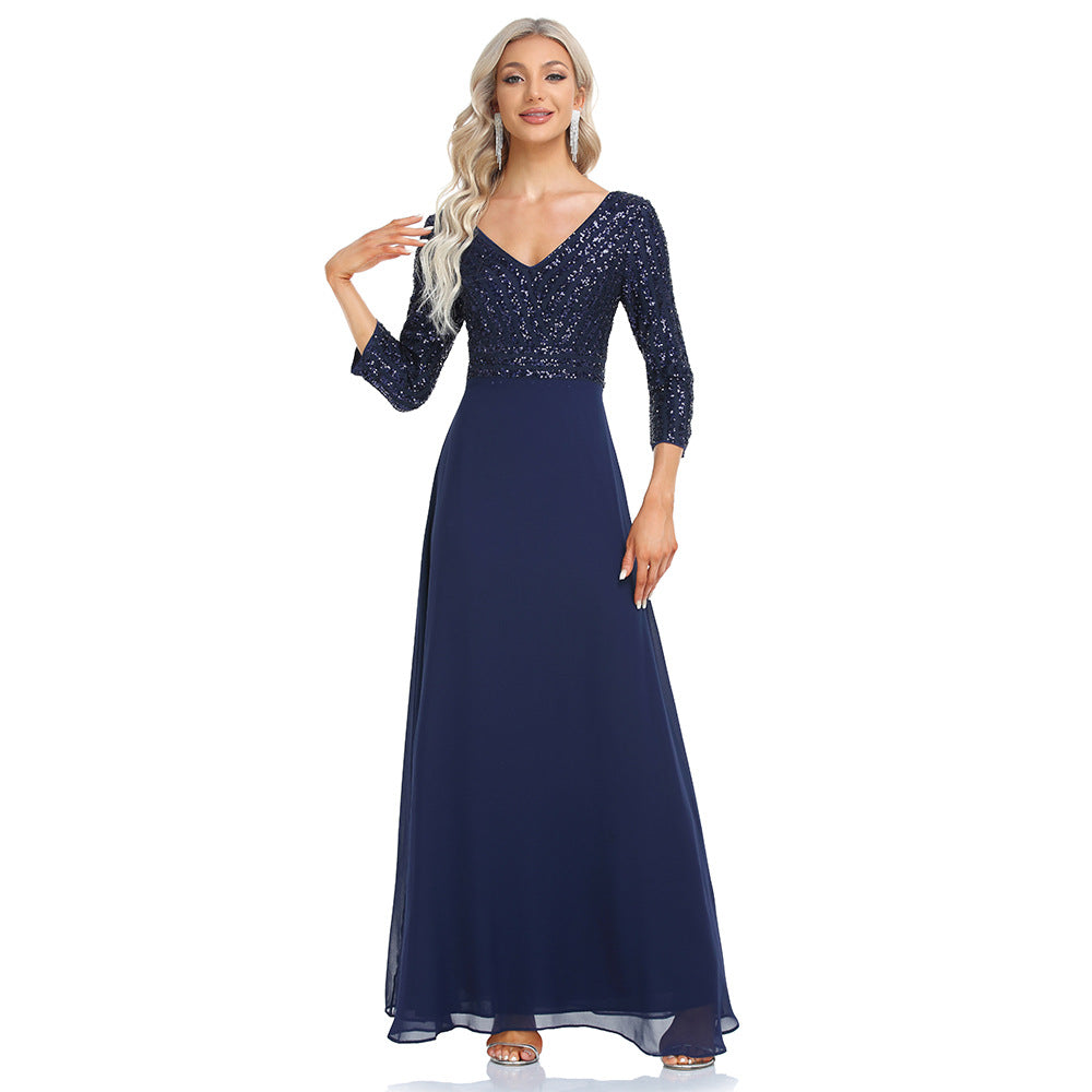Women's Chiffon V-neck 34 Sleeves Sequined Evening Dress