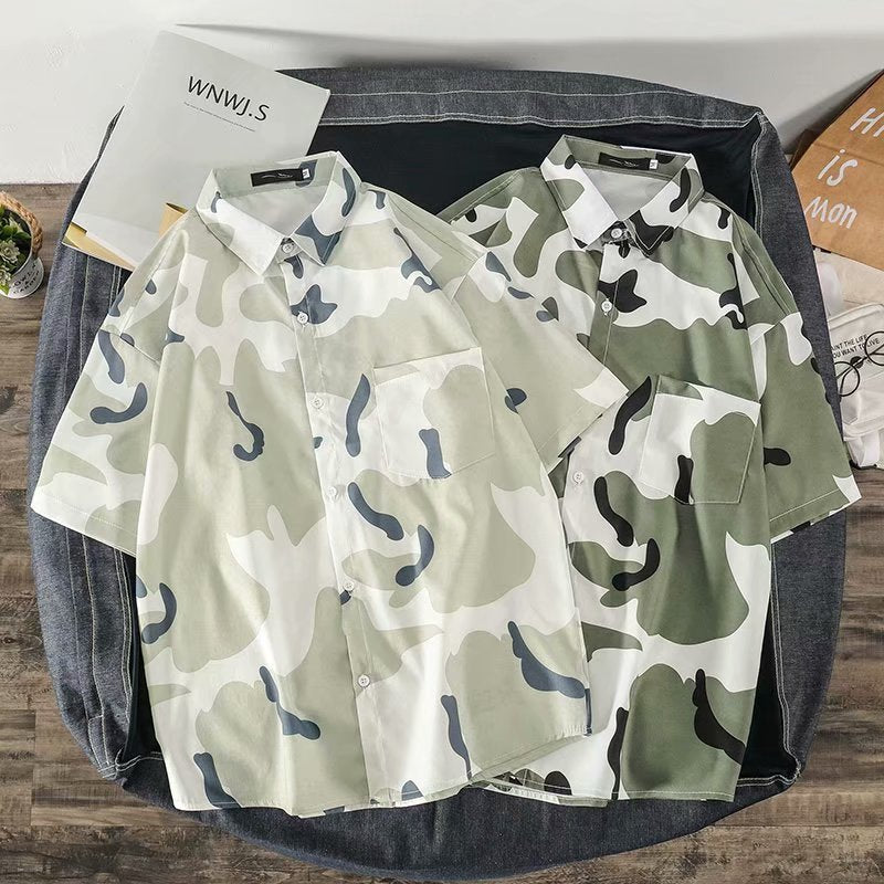 Men Camoflouge Harajuku Hawaiian Shirts Short Sleeve 2020 Summer Korean Streetwear Blouses Camo Cotton Button Up Shirt M-3XL