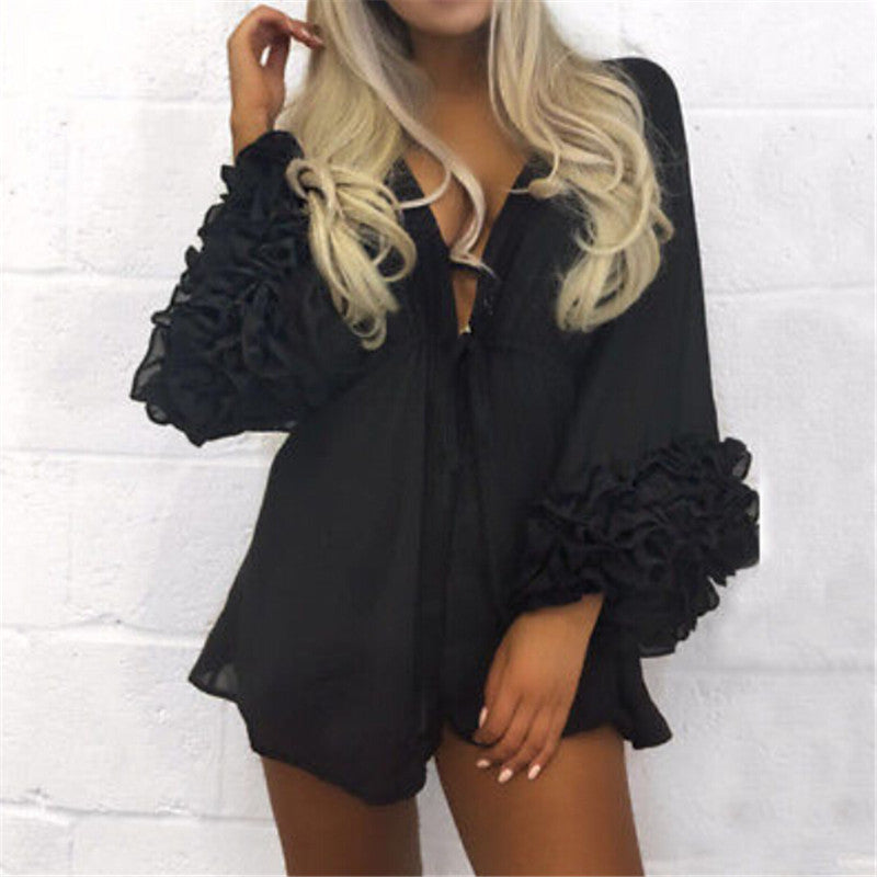 Women Sexy Beach Cover-up Long Puff Sleeve Covers up Bathing Suit Summer Beach Wear Pareo Swimwear Mesh Beach Dress