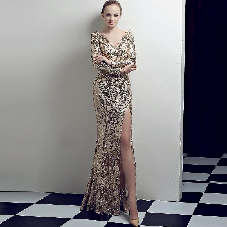 Deep V long sleeve split night club show sequin evening dress