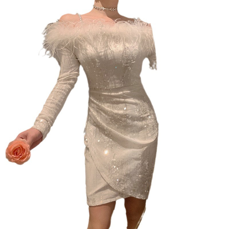 Sequined Feather Off-shoulder New Banquet Party C- Bit Evening Dress For Women
