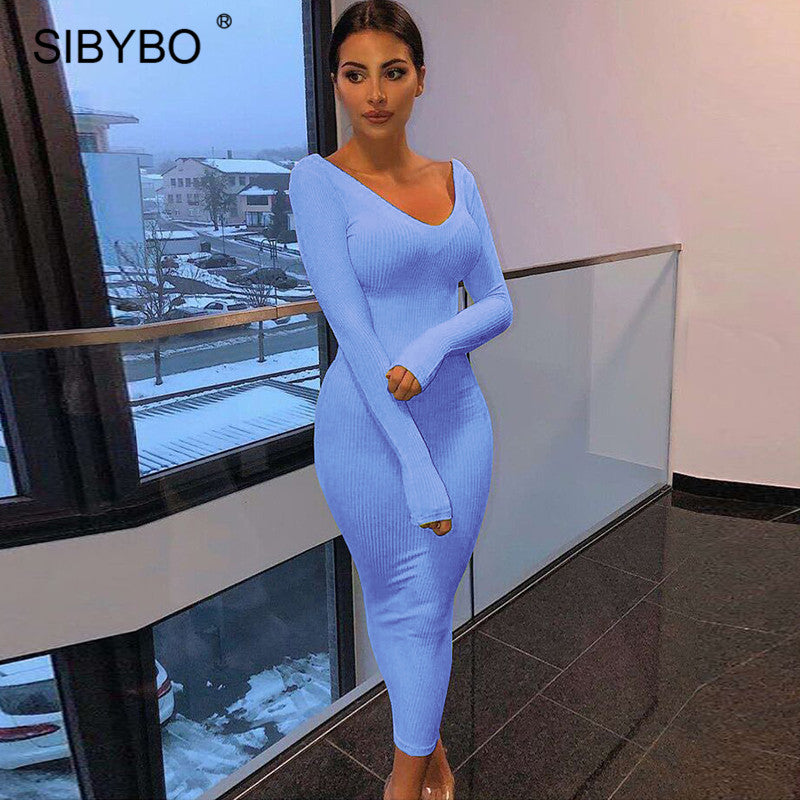 Sibybo Winter Ribbed Knitted Cotton Dress Women Off Shoulder Long Sleeve Sexy Bodycon Dresses Elastic Slim Party Vestidos 2021