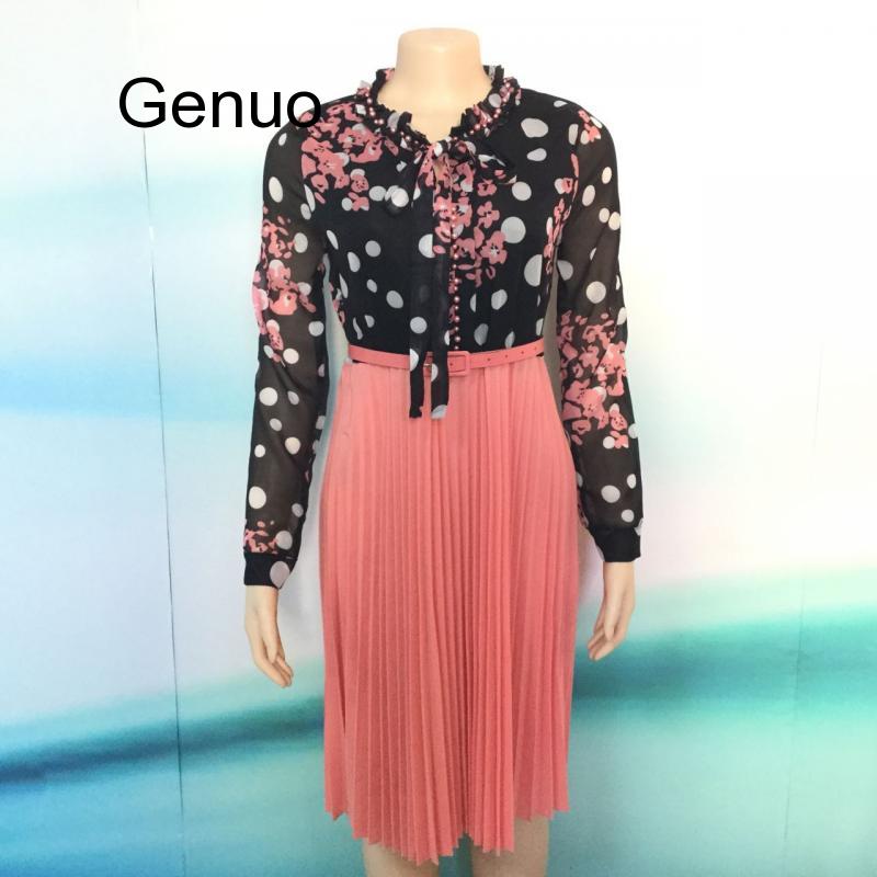 Spring Autumn Chiffon Print Dress Casual Cute Women Floral Long Bowknot Dresses Long Sleeve Vestido L-3XL