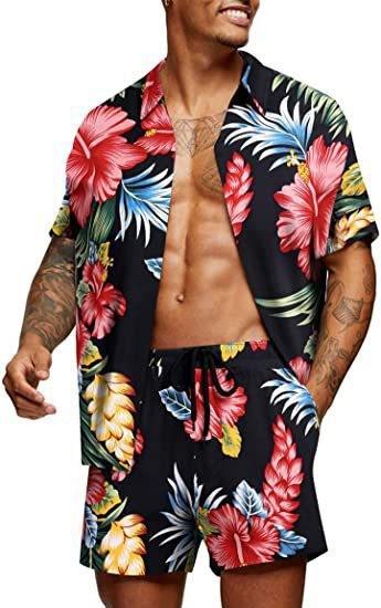 New Loose Fit Hawaiian Style Youth Floral Print Casual Shorts Shirt Set Two-Piece Suit For Men