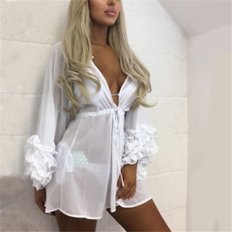 Women Sexy Beach Cover-up Long Puff Sleeve Covers up Bathing Suit Summer Beach Wear Pareo Swimwear Mesh Beach Dress