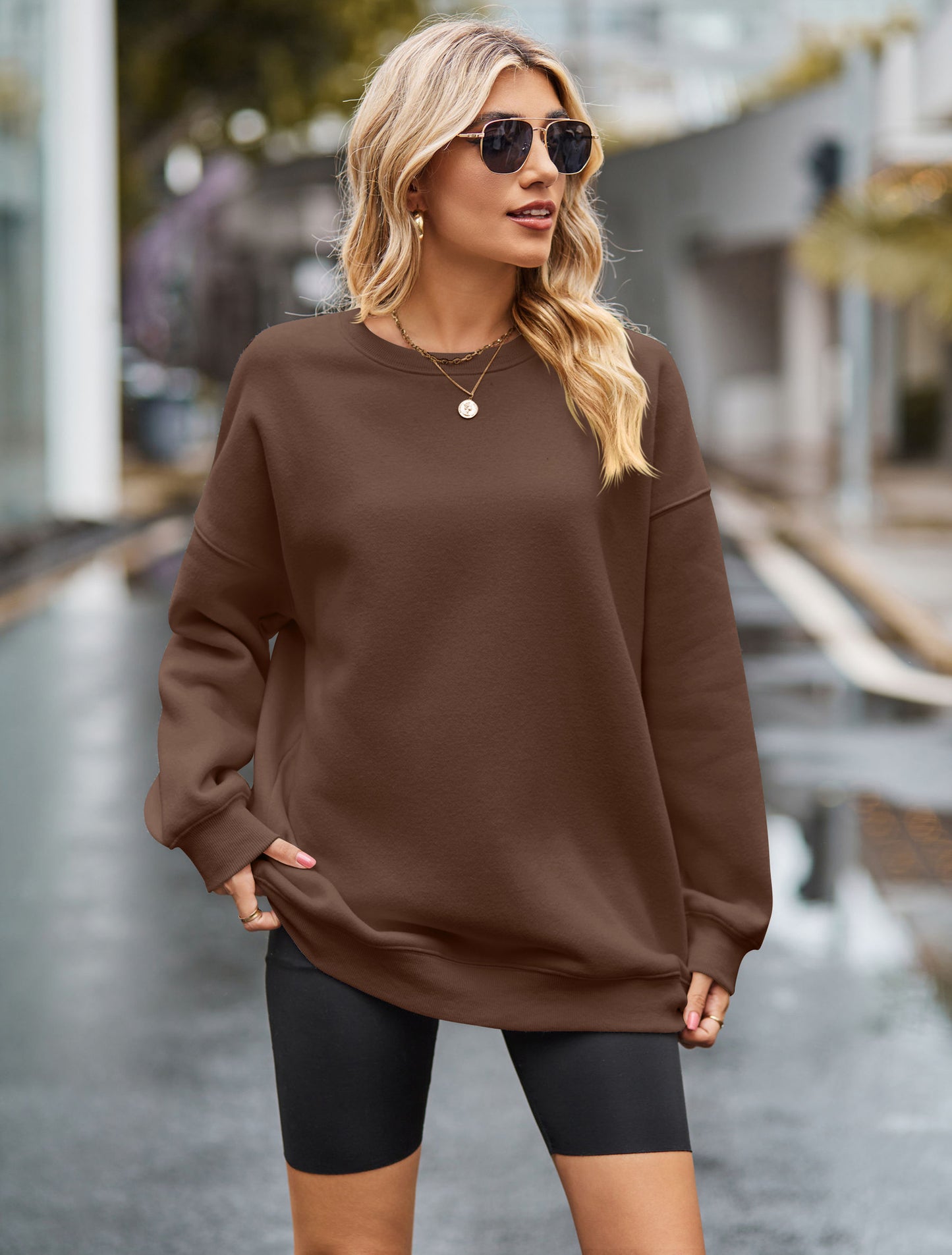 Women Sweatshirt Round Neck Pure Color Pullover Long Sleeve Sports Hoodies Loose Tops Slim Fit Office Lady Autumn Casual