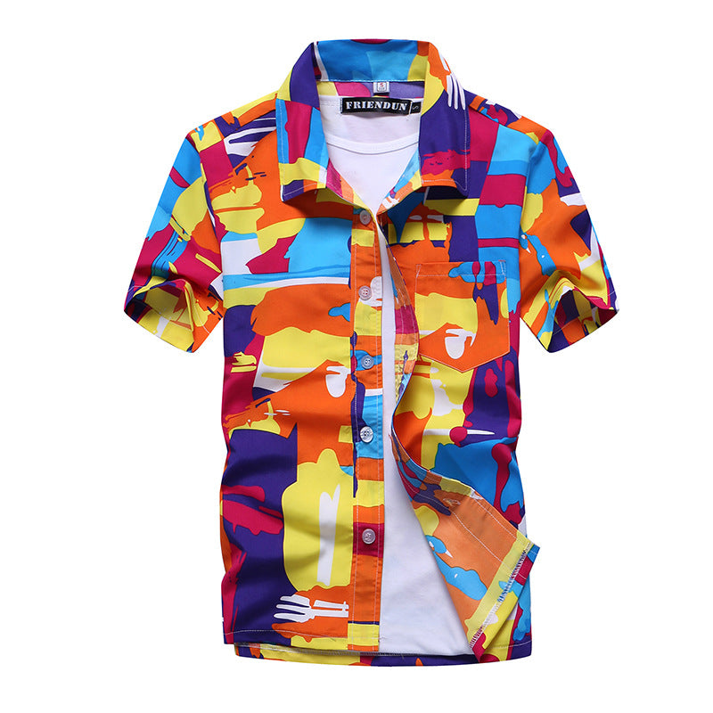 Summer Men's Printed Large Size Short-sleeved Shirt Beach Quick-drying Loose Shirt Hawaii Beach Vacation Travel Suit