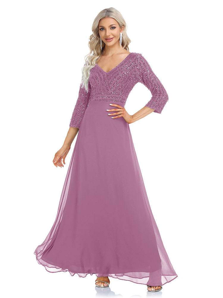 Women's Chiffon V-neck 34 Sleeves Sequined Evening Dress