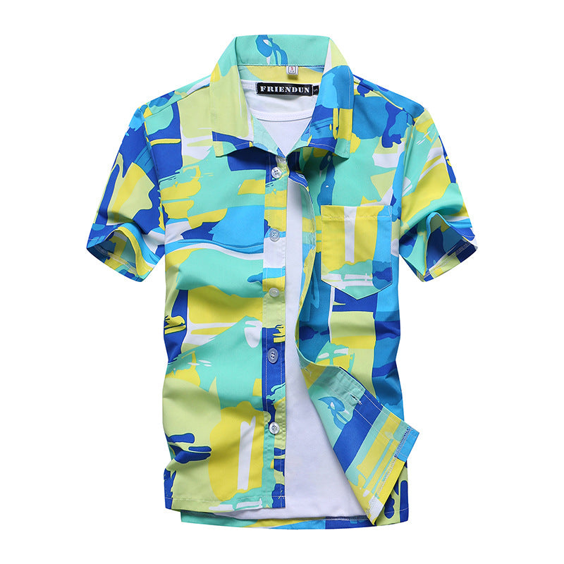 Summer Men's Printed Large Size Short-sleeved Shirt Beach Quick-drying Loose Shirt Hawaii Beach Vacation Travel Suit