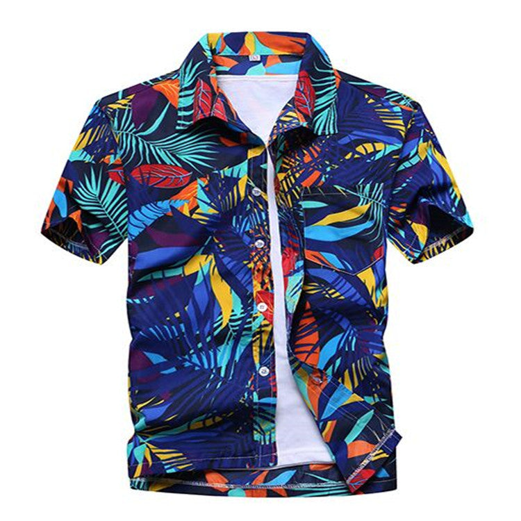 Summer Men's Printed Large Size Short-sleeved Shirt Beach Quick-drying Loose Shirt Hawaii Beach Vacation Travel Suit