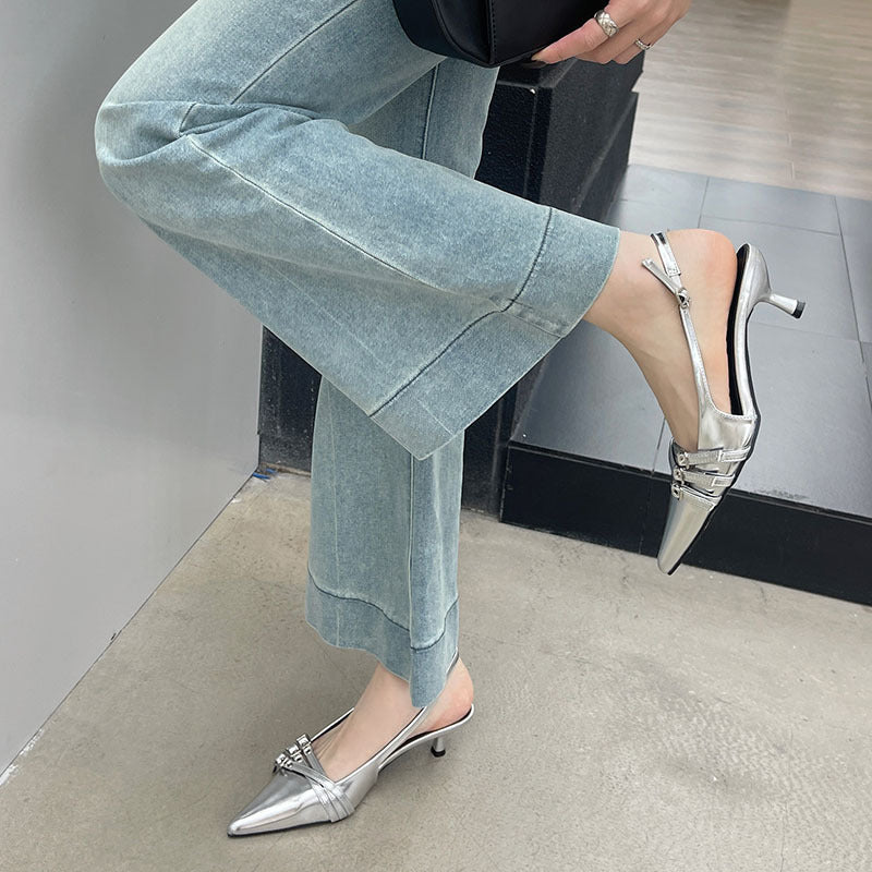 heels one-strap high heel shoes 2024 spring new fashion patent leather women's shoes pointed toe belt buckle stiletto heel sandals