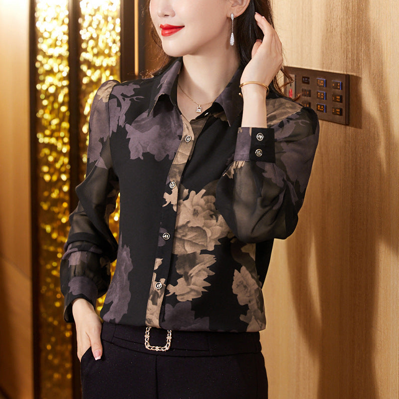 Hui 3265 chiffon shirt women's long sleeve 2024 autumn new fashion age-reducing versatile shirt Western style slimming printed top