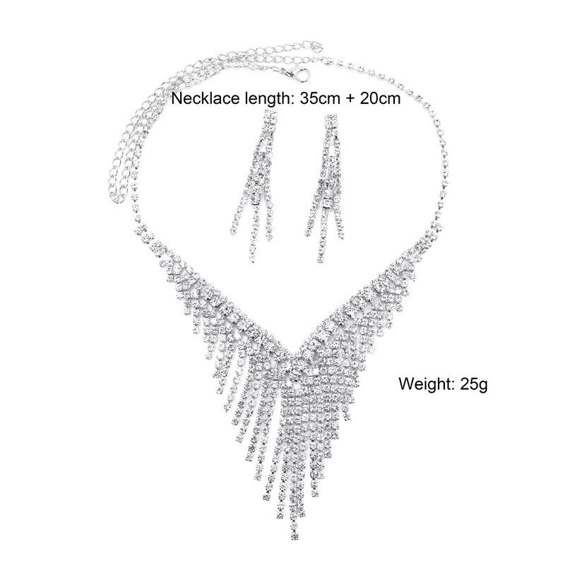 Luxury Crystal Tassel Bride Jewelry Set Rhinestone V Shape Silver-plated Wedding Dress Banquet Necklace Earring Set Ladies Gift