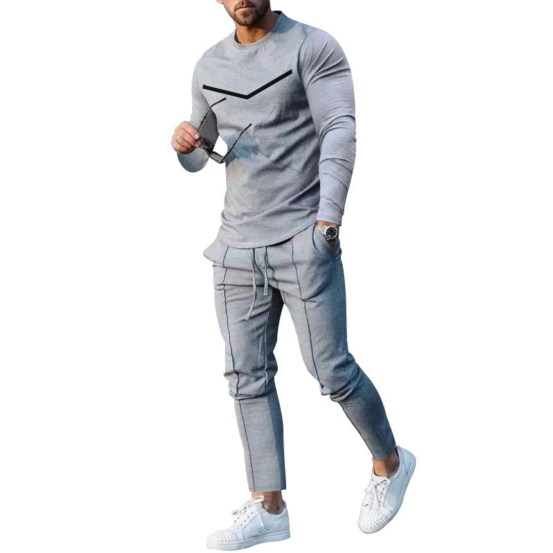 Cross-border Foreign Trade Men's Clothing Suit Spring and Autumn Two-piece Crewneck Long-sleeved T-shirt Pants Suit Men's Casual Sports Suit