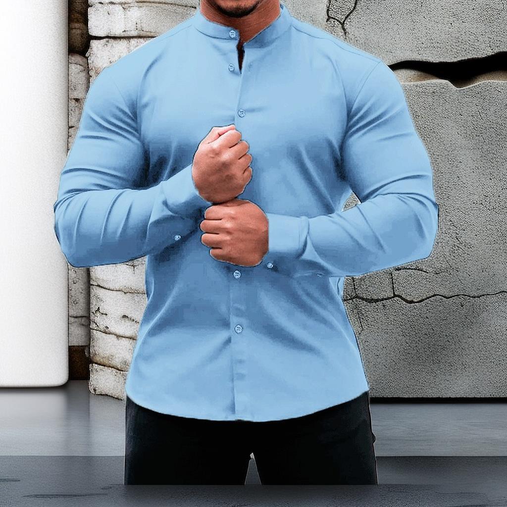 Men's Solid Color Sports Casual Cardigan Slim Fit Micro Elastic Long Sleeve Casual Button Shirt