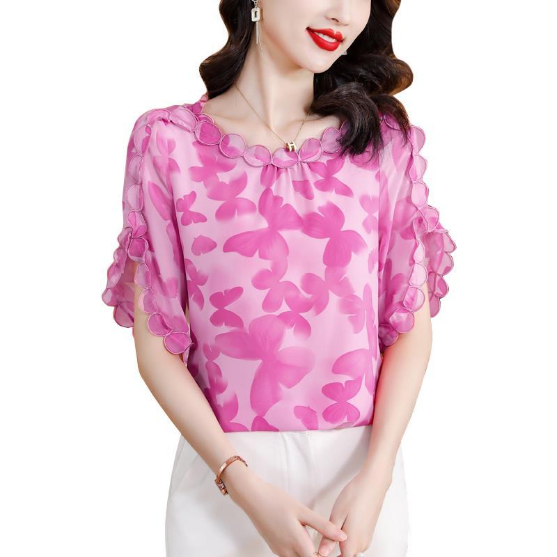 Summer 2023 New Arrival Embroidered Stitching Design Sense Chiffon Shirt Women's Short Sleeve Loose Belly-Covering Slimming Top