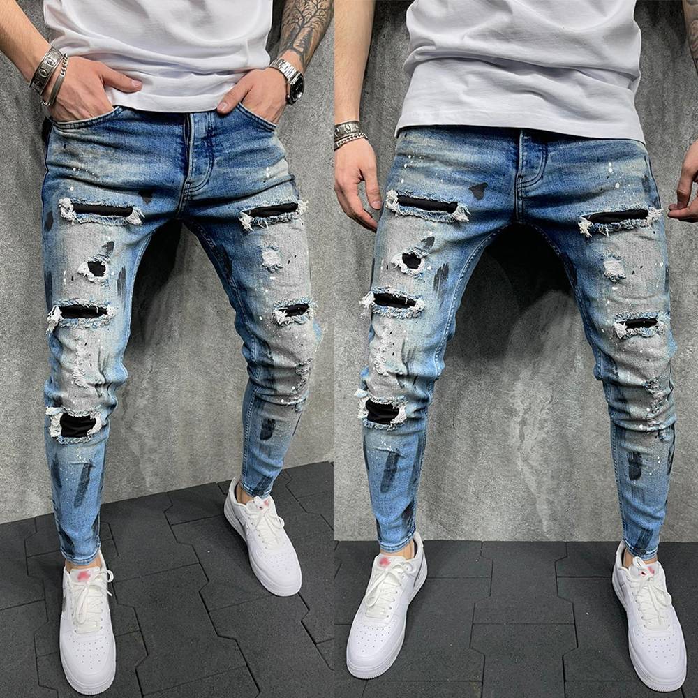 New Fashion Design Hole Slim Jeans Men's Paint Ripped Stitching Skinny Denim Pants Casual Hollow Out Zipper Denim Trousers