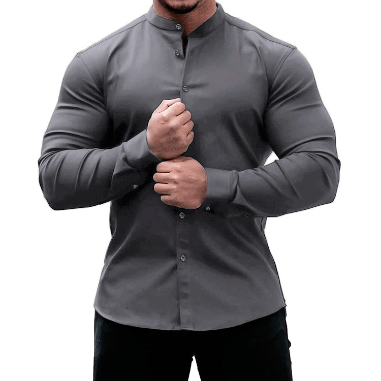 Men's Solid Color Sports Casual Cardigan Slim Fit Micro Elastic Long Sleeve Casual Button Shirt
