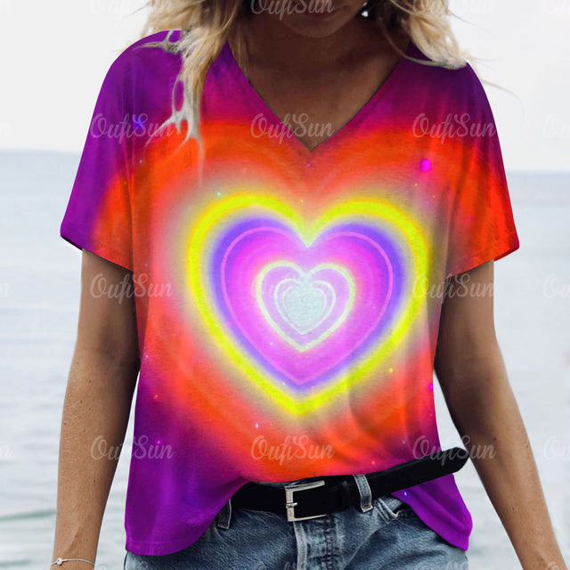 3d Gradient Heart Print Grunge T-Shirts Women Vintage Summer Y2k T Shirt Fashion Casual Tops Harajuku Oversized Female Clothing