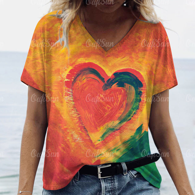 3d Gradient Heart Print Grunge T-Shirts Women Vintage Summer Y2k T Shirt Fashion Casual Tops Harajuku Oversized Female Clothing