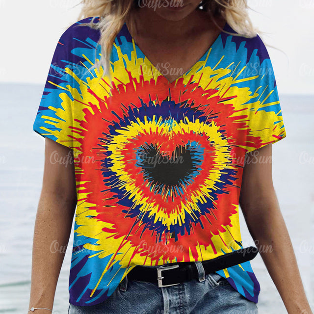 3d Gradient Heart Print Grunge T-Shirts Women Vintage Summer Y2k T Shirt Fashion Casual Tops Harajuku Oversized Female Clothing