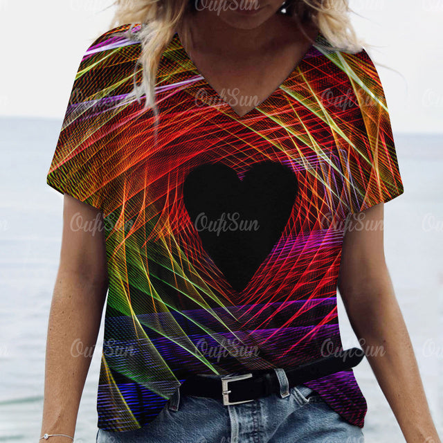 3d Gradient Heart Print Grunge T-Shirts Women Vintage Summer Y2k T Shirt Fashion Casual Tops Harajuku Oversized Female Clothing