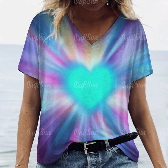 3d Gradient Heart Print Grunge T-Shirts Women Vintage Summer Y2k T Shirt Fashion Casual Tops Harajuku Oversized Female Clothing
