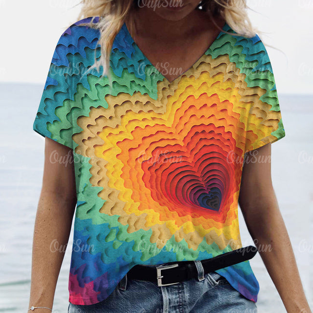 3d Gradient Heart Print Grunge T-Shirts Women Vintage Summer Y2k T Shirt Fashion Casual Tops Harajuku Oversized Female Clothing