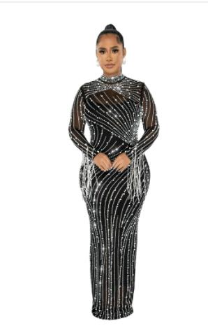 Women's Mesh See-through Rhinestone Long Sleeve Dress Lining Two-piece Set