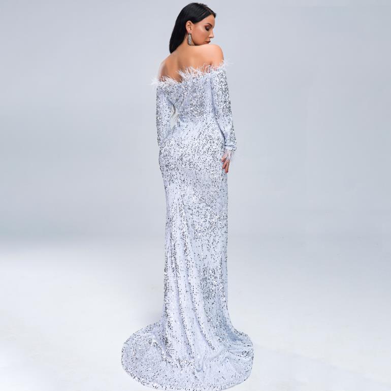 Feather sequins long evening dress