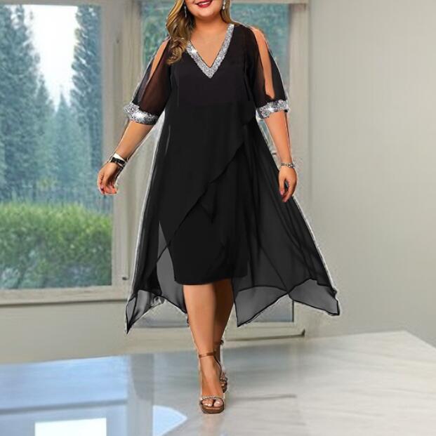 Women's Large Size Dress Summer New Dress Solid Color Ribbon V-neck Irregular Temperament Chiffon Waist Waist Swing Skirt Dress