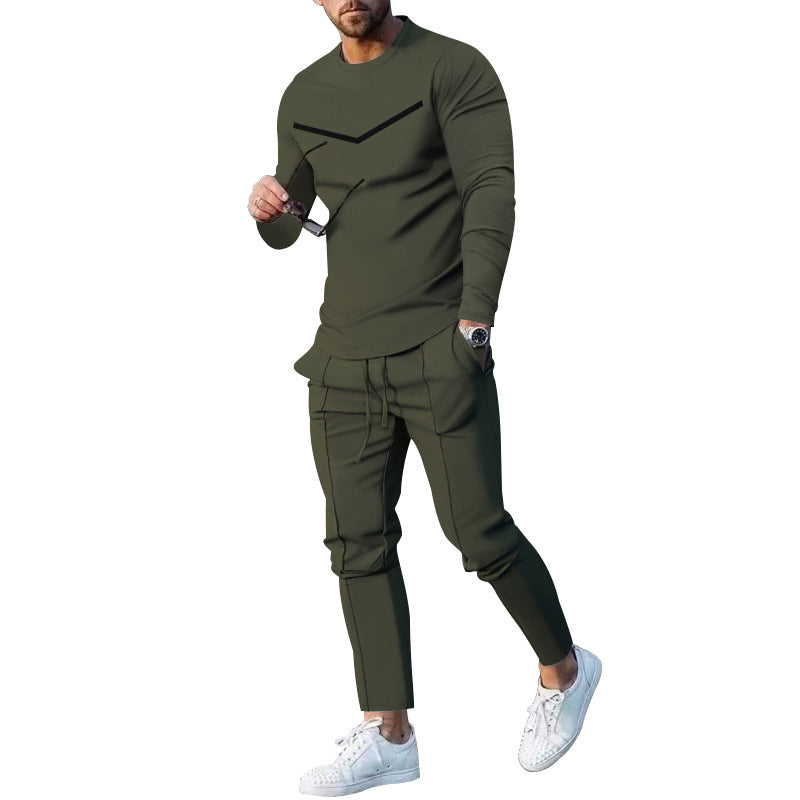 Cross-border Foreign Trade Men's Clothing Suit Spring and Autumn Two-piece Crewneck Long-sleeved T-shirt Pants Suit Men's Casual Sports Suit