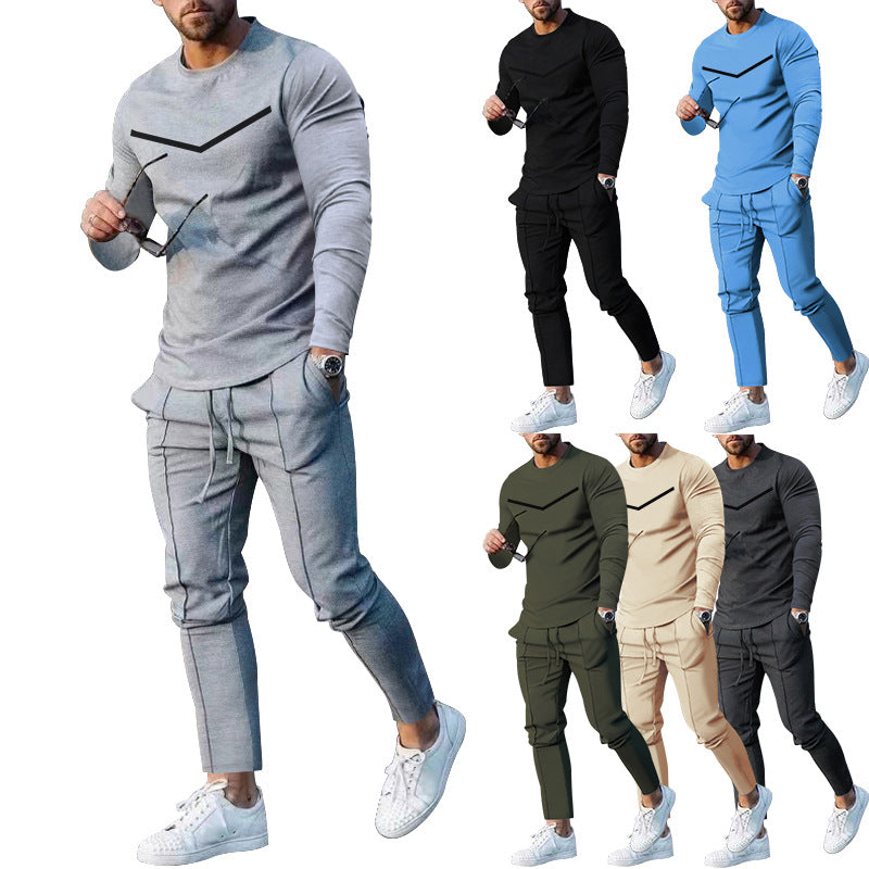 Cross-border Foreign Trade Men's Clothing Suit Spring and Autumn Two-piece Crewneck Long-sleeved T-shirt Pants Suit Men's Casual Sports Suit