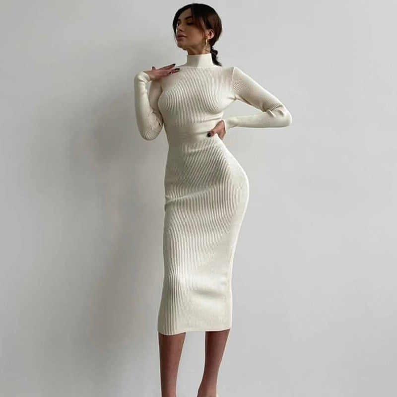 Women's High Collar Mid-length Pit Knitted Dress Solid Color Woolen Tight Sexy 2022 Autumn and Winter European and American Dress