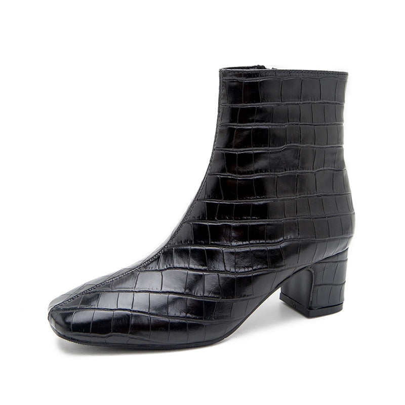 And Winter New Foreign Trade Europe And America High-Heeled Plaid Short Tube Thick Heel Square Toe Martin Boots