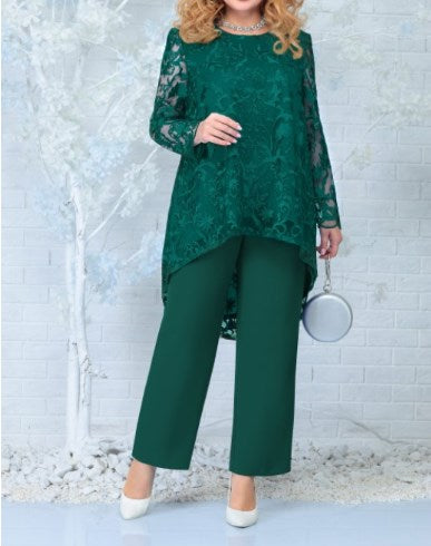 Set with Women's Pants and Lace Overlay Blouse - Plus Size