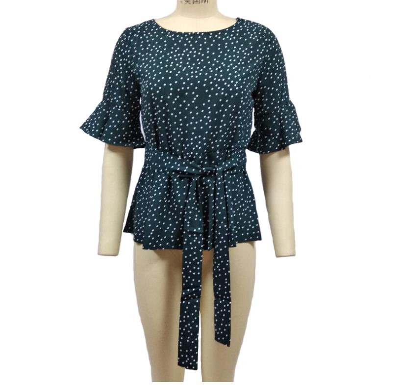 Cross-feeding source 2020 Europe and large size women's red polka dot round neck sleeves slim shirt with belt