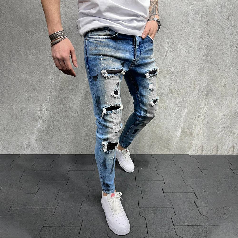 New Fashion Design Hole Slim Jeans Men's Paint Ripped Stitching Skinny Denim Pants Casual Hollow Out Zipper Denim Trousers