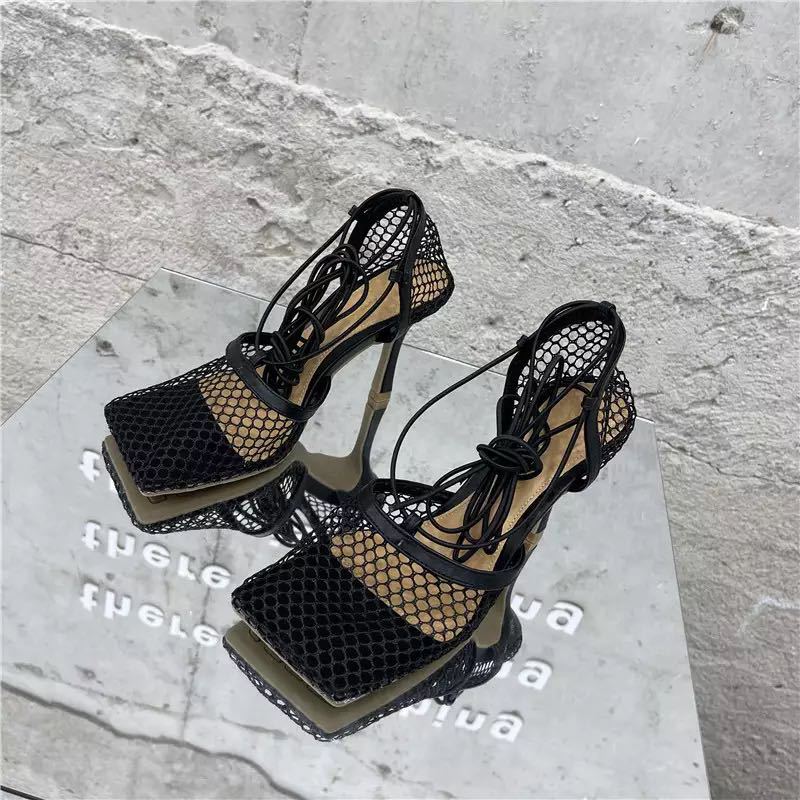 Female Square Toe High Heel Lace Up Cross-Tied Stiletto Hollow Dress Shoes New Sexy Mesh Pumps Sandals