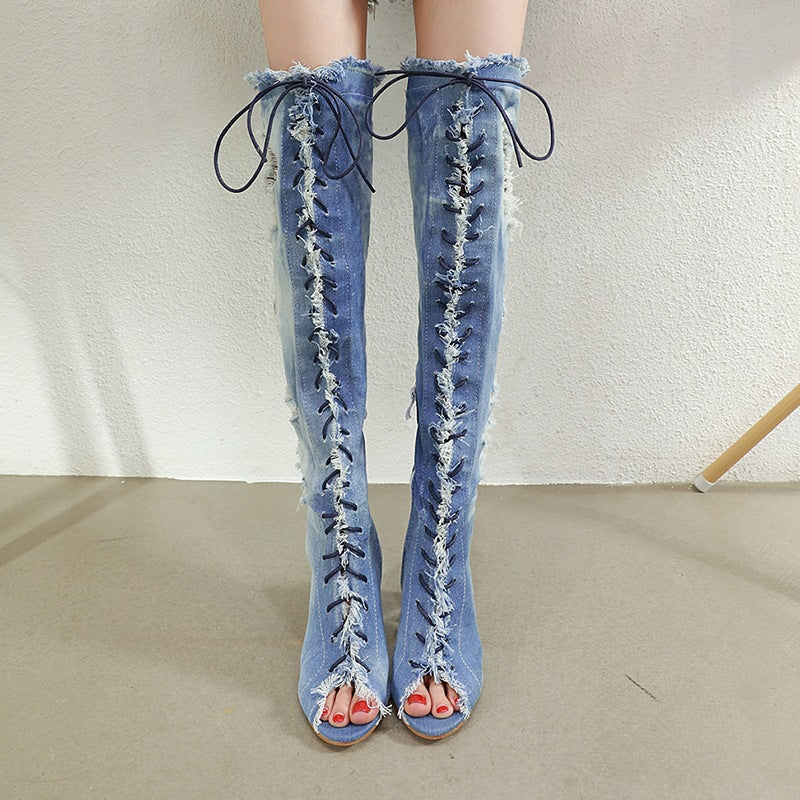 Crystal Block Heel Denim Fish Mouth Strap Roman High Heel Boots