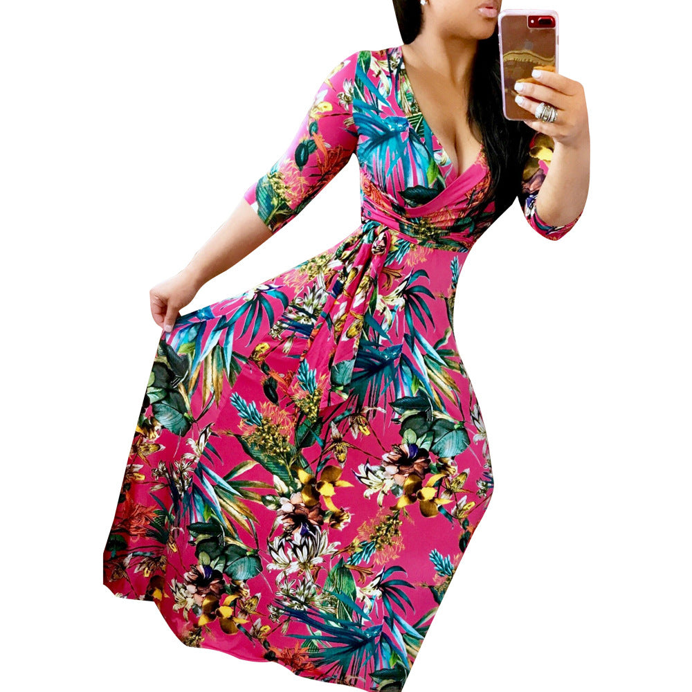 YM-8152 European and American women's sexy V-neck beautiful print large size and floor dress