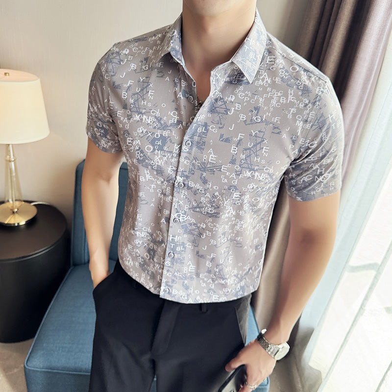 Men's Short Sleeve Shirt, British Style Letter, Slim Fit, Casual, Wedding, Work Trend, Gentleman, Korean Version, New Fashion