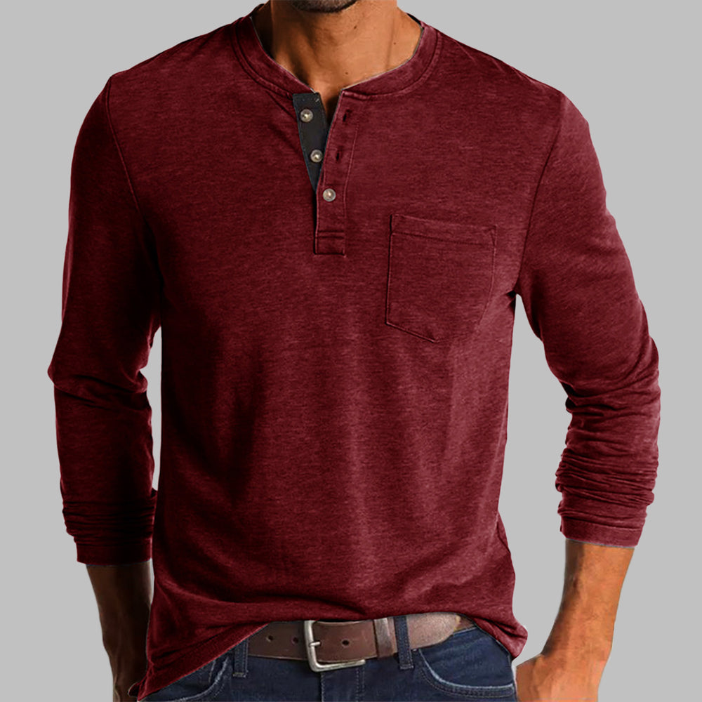 Spring/Fall New Trend T-shirt Men Elegant Fashion Button Half Open Collar Solid Color Long Sleeve Pocket Top Men Commuter Shirts