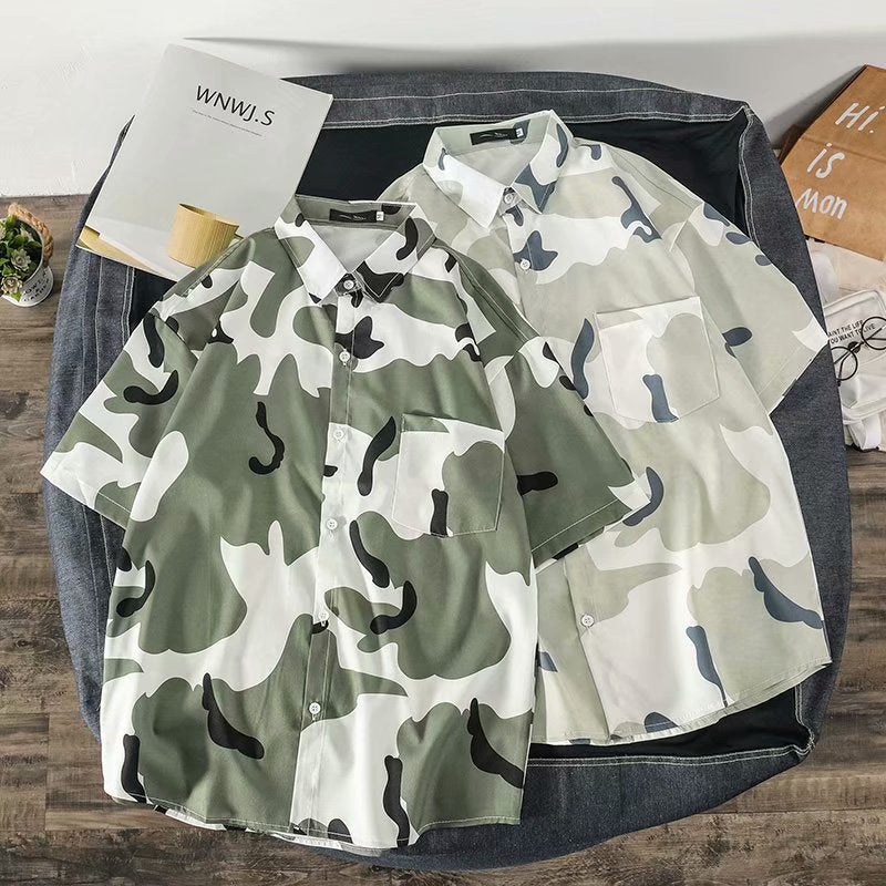 Men Camoflouge Harajuku Hawaiian Shirts Short Sleeve 2020 Summer Korean Streetwear Blouses Camo Cotton Button Up Shirt M-3XL