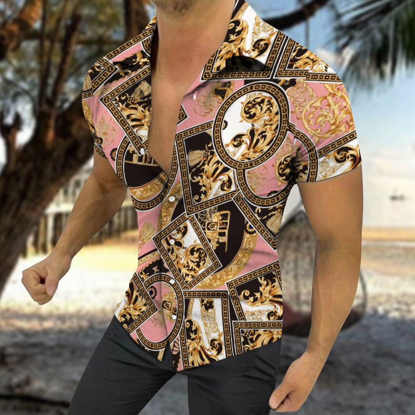 Men's Shirt Summer Lapel Hawaiian Print Fashion Versatile Fit Casual British Style Polyester Short Sleeved Shirt Suitable for Hawaiian Beaches, Couples Dating, Parties