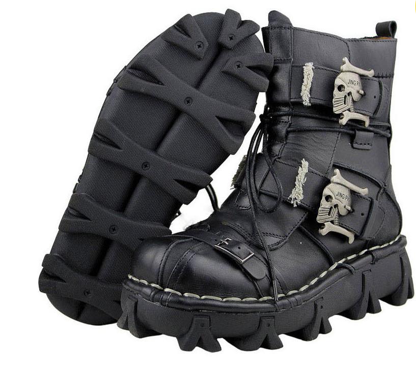 Men's Cowhide Genuine Leather Working Boots Military Combat Boots Gothic Skull Punk Motorcycle Martin Boots
