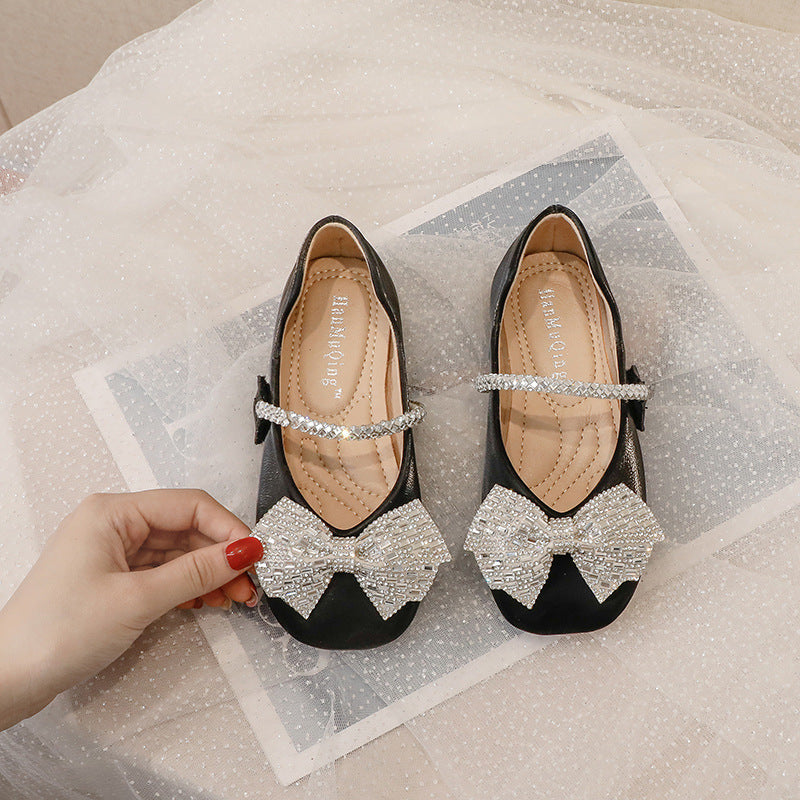 Girls Mary Jane 2022 Spring Fashion Dress Rowtie Princess Shoes Baby Shoes Kids Flats Dance Brand Rhinestone Glitter Soft Sole